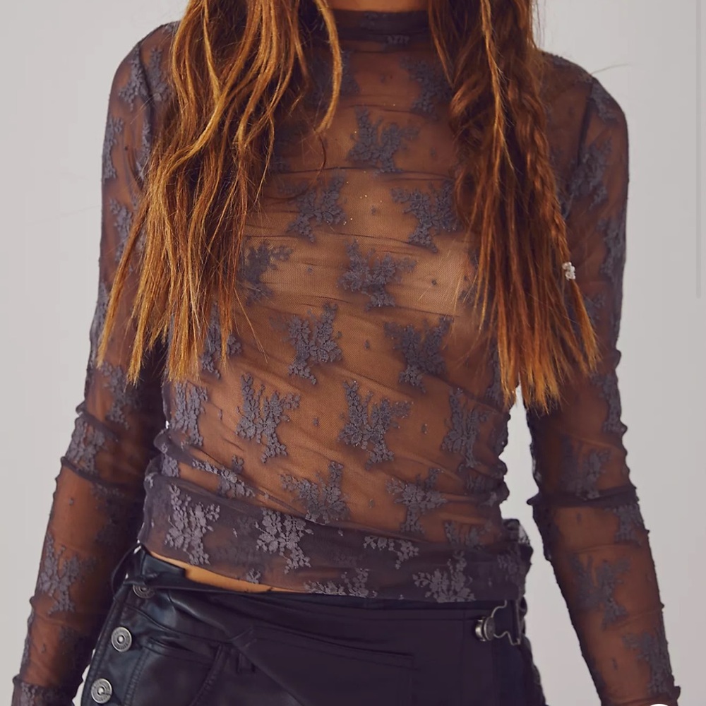 Free People Sheer Floral Long Sleeve Top - Gray